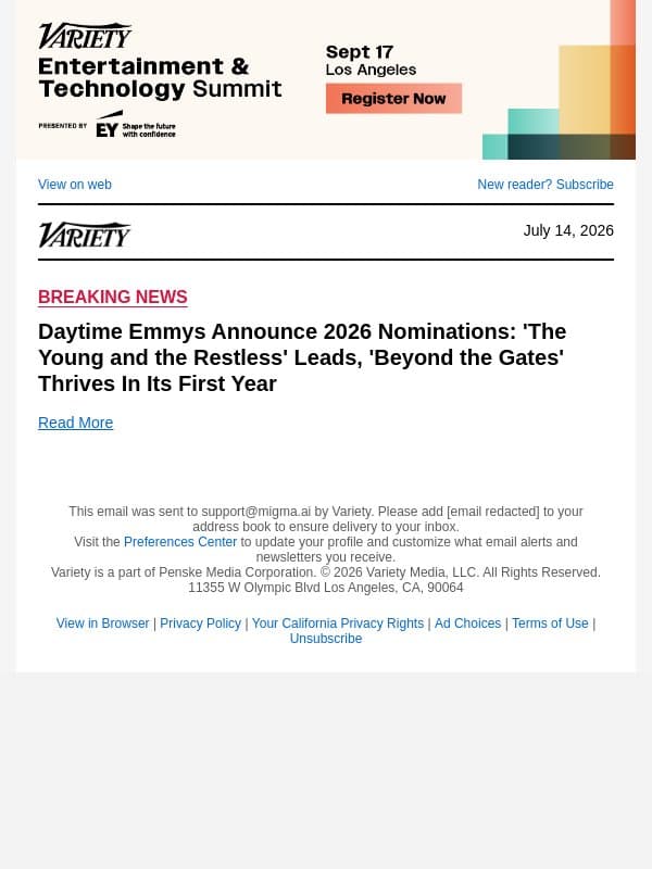 Daytime Emmys Announce 2026 Nominations: 'The Young and the Restless' Leads, 'Beyond the Gates' Thrives In Its First Year email from Variety screenshot