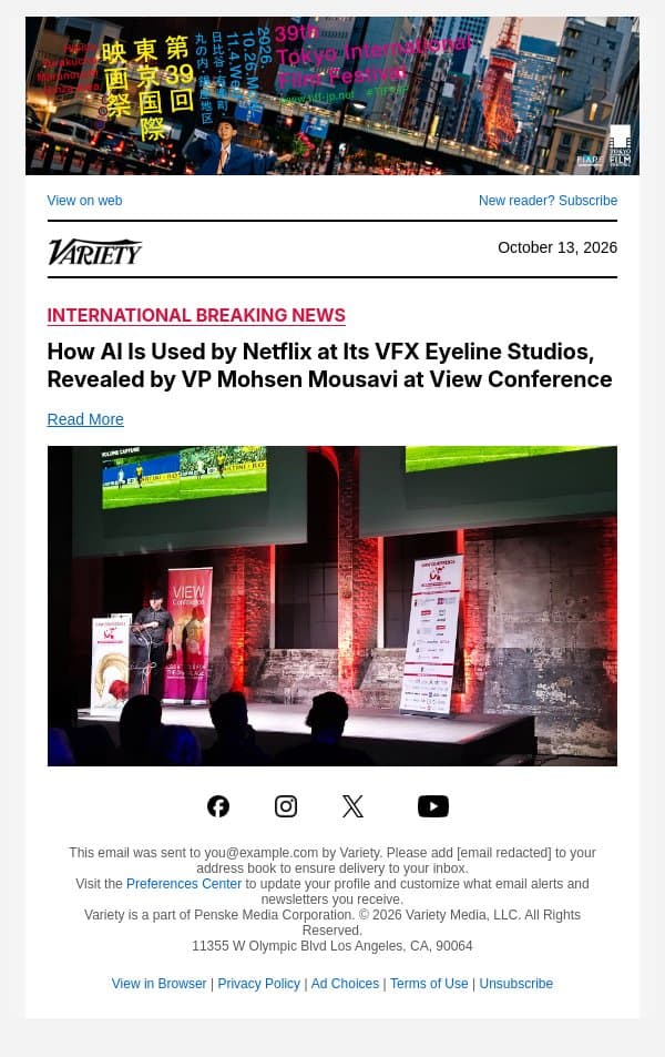 How AI Is Used by Netflix at Its VFX Eyeline Studios, Revealed by VP Mohsen Mousavi at View Conference email from Variety screenshot