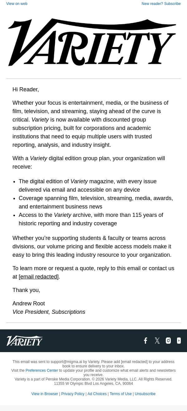 Bring the power of Variety’s digital edition to your organization. email from Variety screenshot