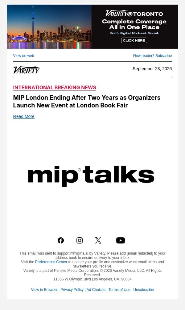MIP London Ending After Two Years as Organizers Launch New Event at London Book Fair email from Variety screenshot