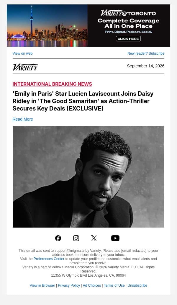 'Emily in Paris' Star Lucien Laviscount Joins Daisy Ridley in 'The Good Samaritan' as Action-Thriller Secures Key Deals (EXCLUSIVE) email from Variety screenshot