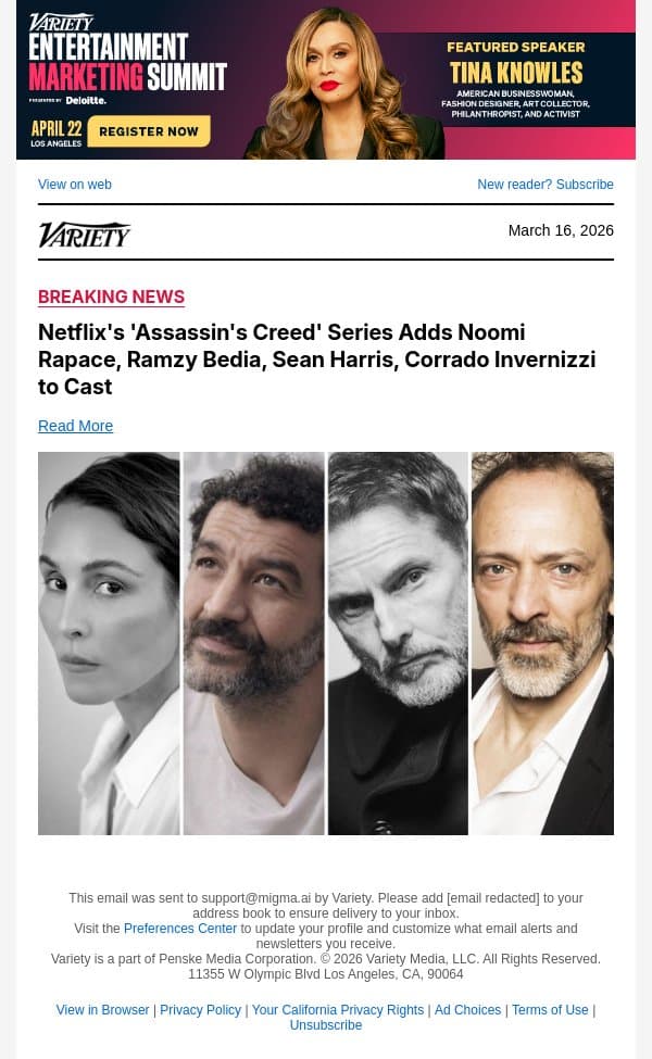 Netflix's 'Assassin's Creed' Series Adds Noomi Rapace, Ramzy Bedia, Sean Harris, Corrado Invernizzi to Cast email from Variety screenshot