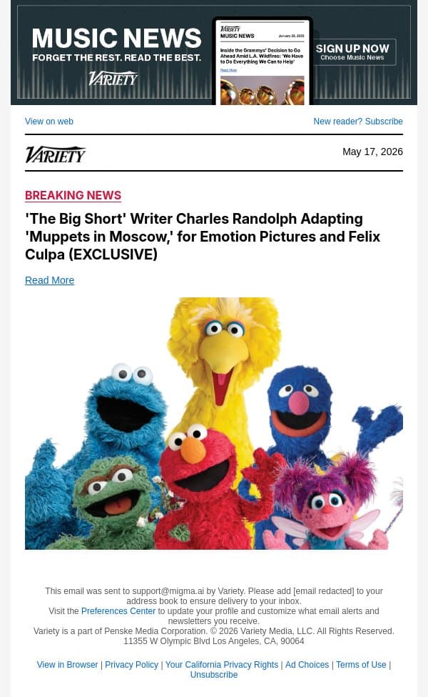 'The Big Short' Writer Charles Randolph Adapting 'Muppets in Moscow,' for Emotion Pictures and Felix Culpa (EXCLUSIVE) email from Variety screenshot