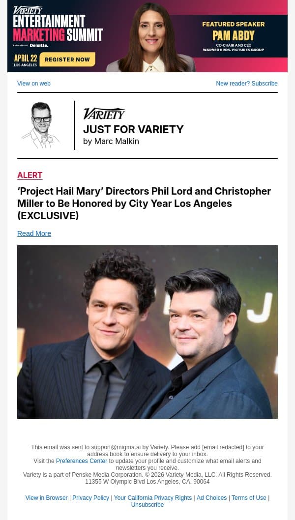 ‘Project Hail Mary’ Directors Phil Lord and Christopher Miller to Be Honored by City Year Los Angeles (EXCLUSIVE) email from Variety screenshot