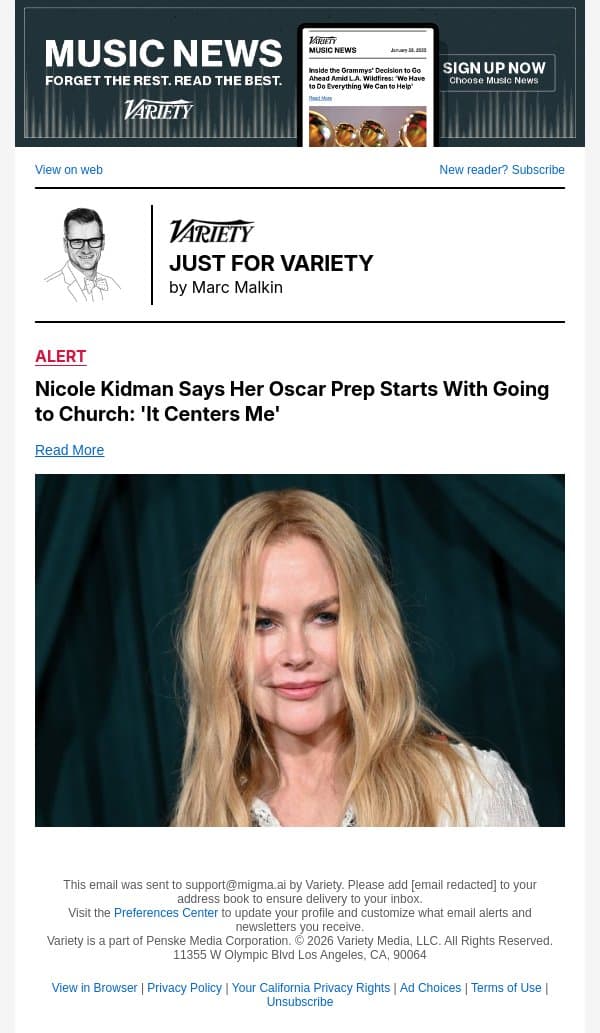 Nicole Kidman Says Her Oscar Prep Starts With Going to Church: 'It Centers Me' email from Variety screenshot