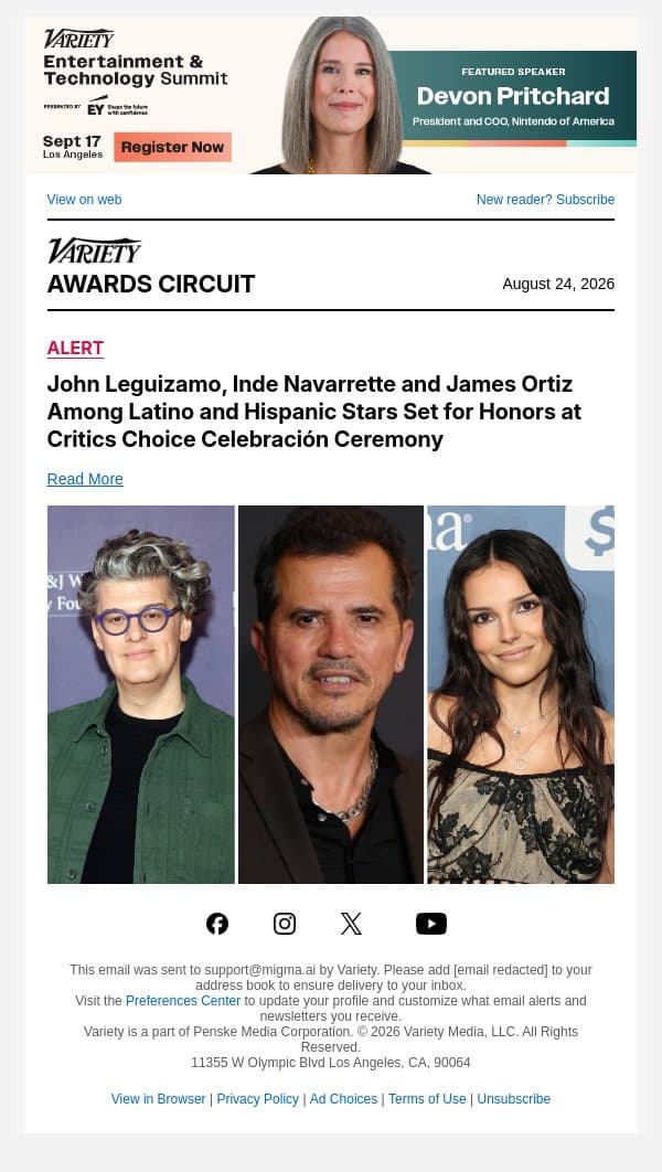 John Leguizamo, Inde Navarrette and James Ortiz Among Latino and Hispanic Stars Set for Honors at Critics Choice Celebración Ceremony email from Variety screenshot