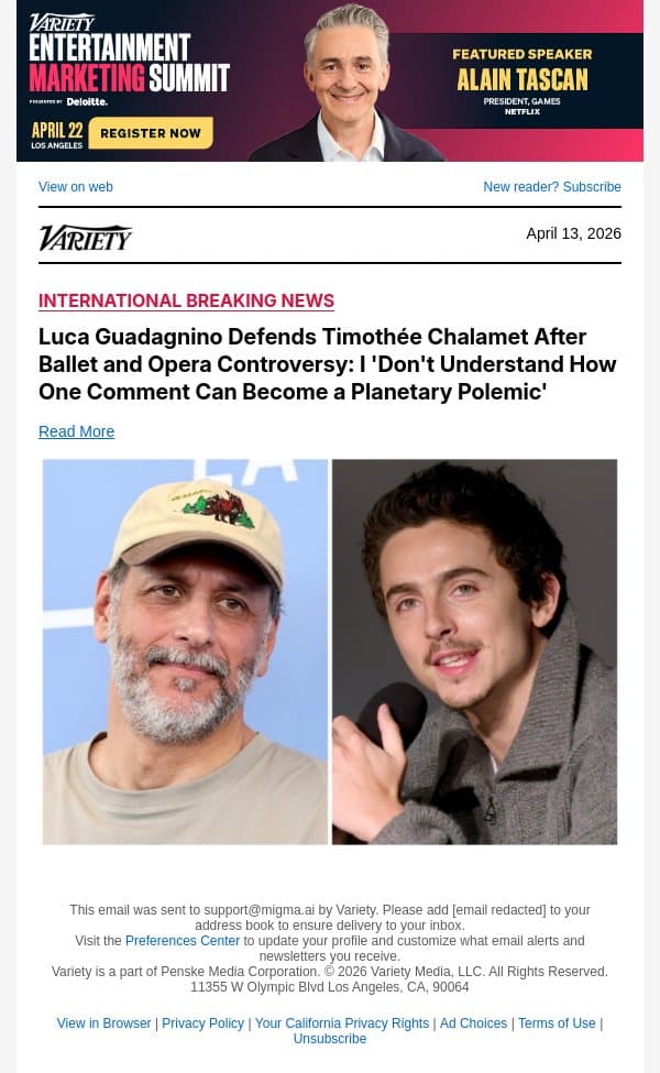 Luca Guadagnino Defends Timothée Chalamet After Ballet and Opera Controversy: I 'Don't Understand How One Comment Can Become a Planetary Polemic' email from Variety screenshot
