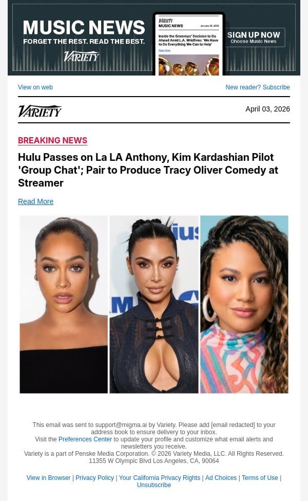 Hulu Passes on La LA Anthony, Kim Kardashian Pilot 'Group Chat'; Pair to Produce Tracy Oliver Comedy at Streamer email from Variety screenshot