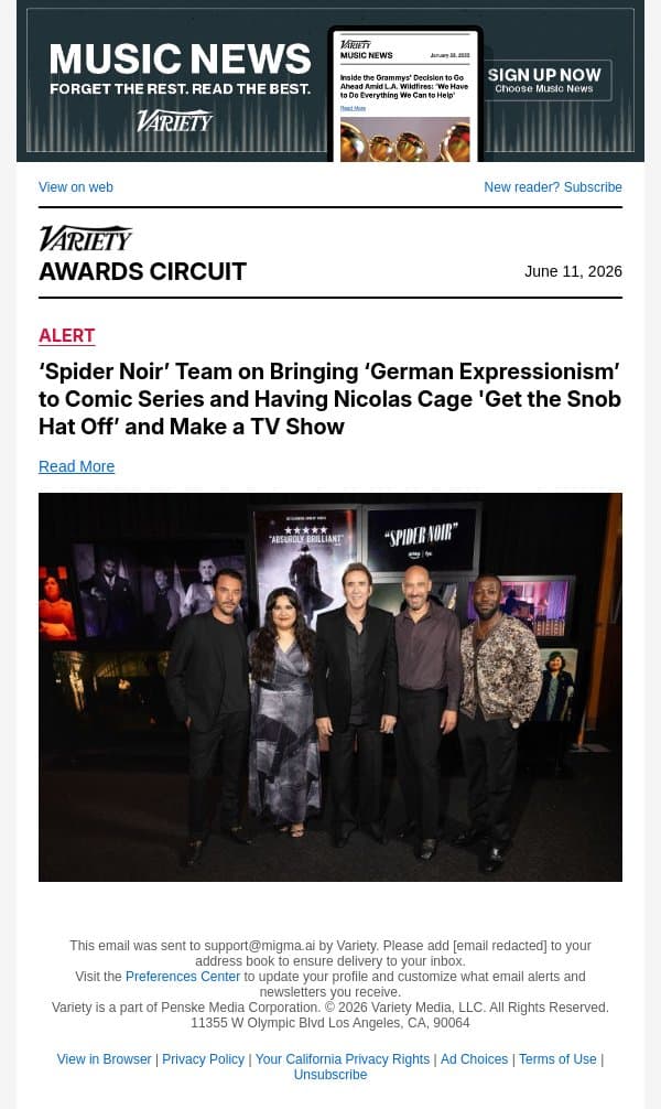 ‘Spider Noir’ Team on Bringing ‘German Expressionism’ to Comic Series and Having Nicolas Cage 'Get the Snob Hat Off’ and Make a TV Show email from Variety screenshot