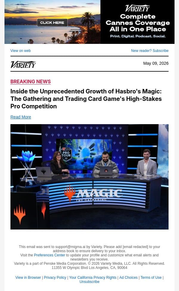 Inside the Unprecedented Growth of Hasbro's Magic: The Gathering and Trading Card Game's High-Stakes Pro Competition email from Variety screenshot