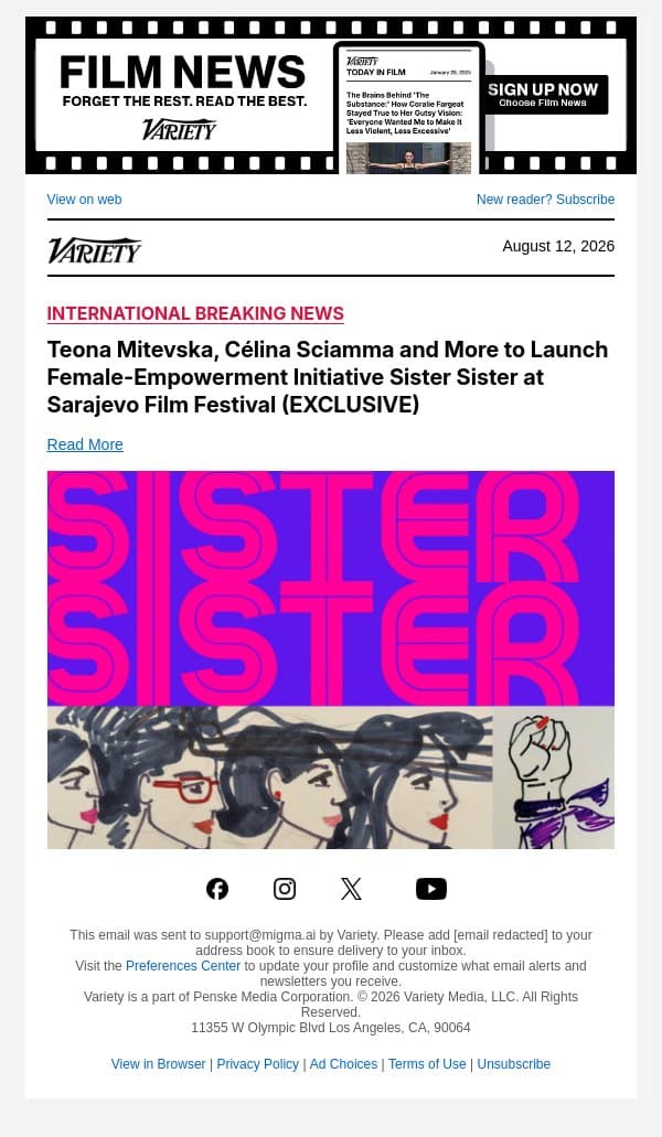 Teona Mitevska, Célina Sciamma and More to Launch Female-Empowerment Initiative Sister Sister at Sarajevo Film Festival (EXCLUSIVE) email from Variety screenshot