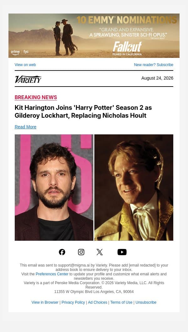 Kit Harington Joins 'Harry Potter' Season 2 as Gilderoy Lockhart, Replacing Nicholas Hoult email from Variety screenshot