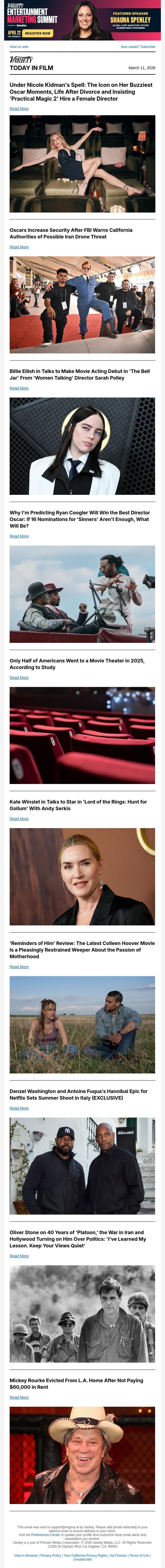 Nicole Kidman Cover; Oscars Increase Security; Billie Eilish Film Debut email from Variety screenshot