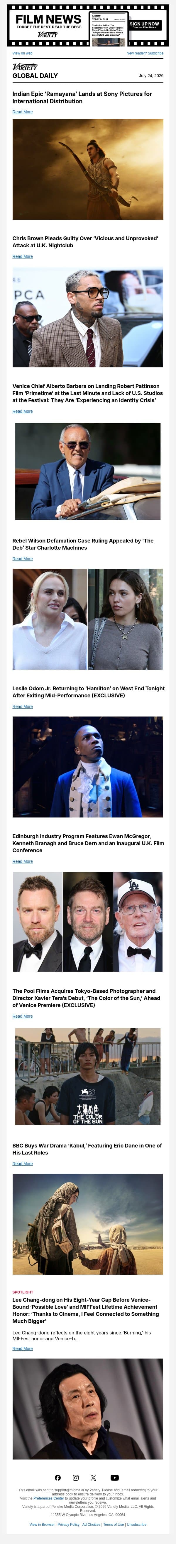 'Ramayana' Lands at Sony; Chris Brown Pleads Guilty to Attack; Venice Chief on Lineup email from Variety screenshot