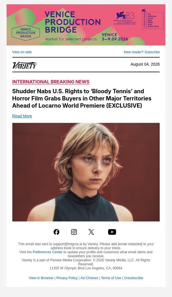 Shudder Nabs U.S. Rights to ‘Bloody Tennis’ and Horror Film Grabs Buyers in Other Major Territories Ahead of Locarno World Premiere (EXCLUSIVE) email from Variety screenshot