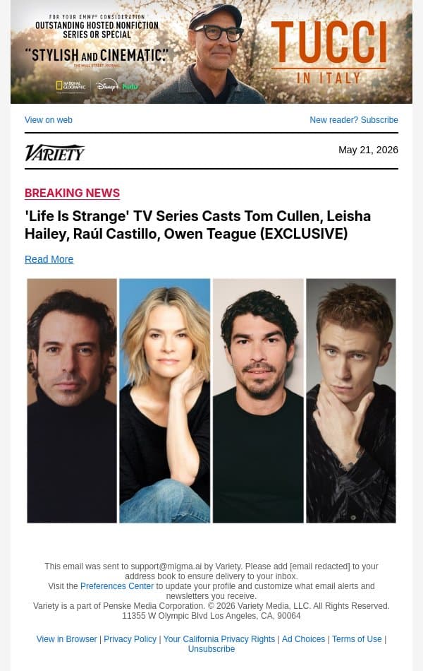 'Life Is Strange' TV Series Casts Tom Cullen, Leisha Hailey, Raúl Castillo, Owen Teague (EXCLUSIVE) email from Variety screenshot