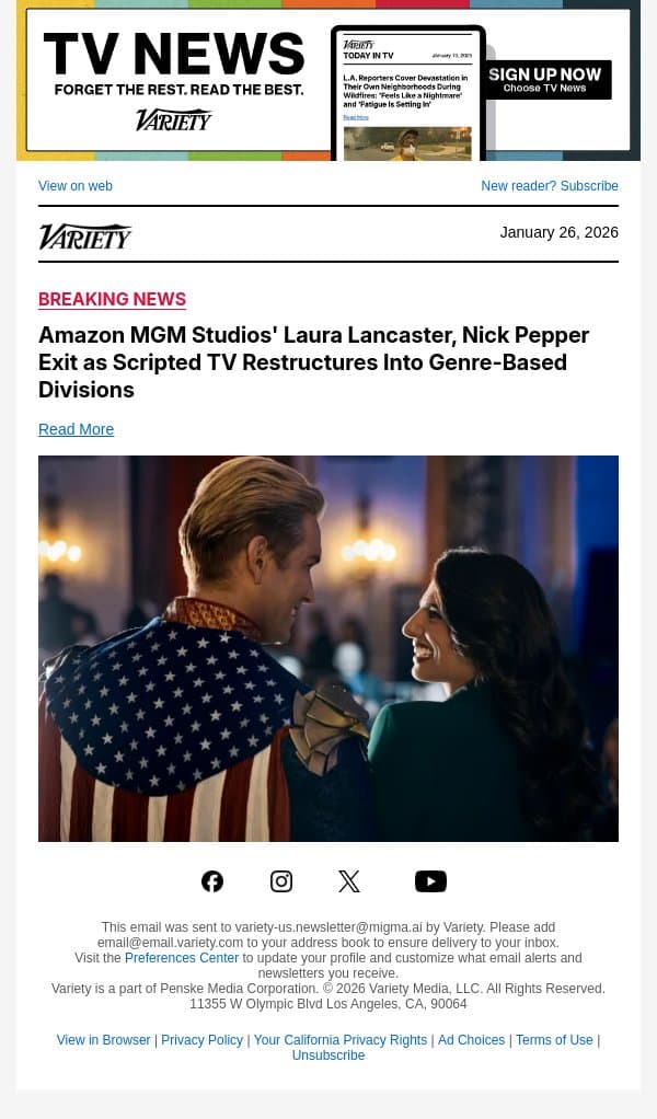 Amazon MGM Studios' Laura Lancaster, Nick Pepper Exit as Scripted TV Restructures Into Genre-Based Divisions email from Variety screenshot
