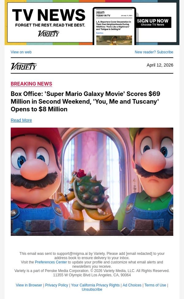 Box Office: 'Super Mario Galaxy Movie' Scores $69 Million in Second Weekend, 'You, Me and Tuscany' Opens to $8 Million email from Variety screenshot
