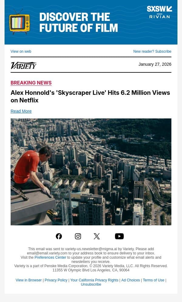 Alex Honnold's 'Skyscraper Live' Hits 6.2 Million Views on Netflix email from Variety screenshot