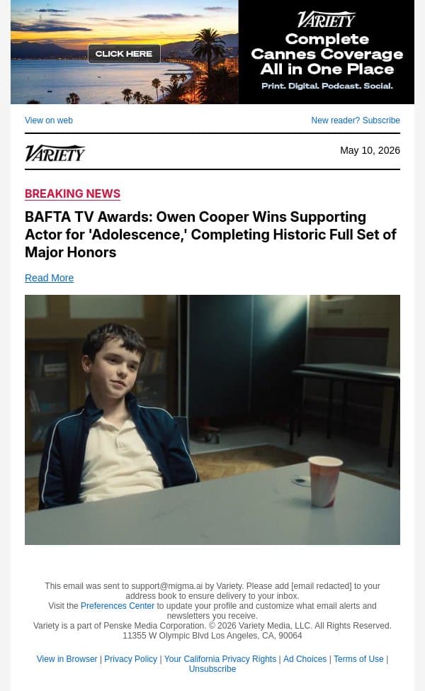 BAFTA TV Awards: Owen Cooper Wins Supporting Actor for 'Adolescence,' Completing Historic Full Set of Major Honors email from Variety screenshot