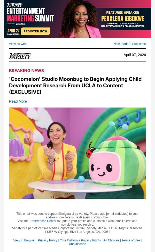'Cocomelon' Studio Moonbug to Begin Applying Child Development Research From UCLA to Content (EXCLUSIVE) email from Variety screenshot
