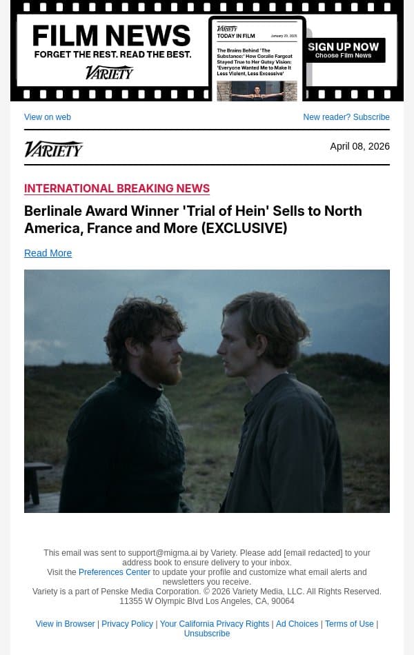 Berlinale Award Winner 'Trial of Hein' Sells to North America, France and More (EXCLUSIVE) email from Variety screenshot