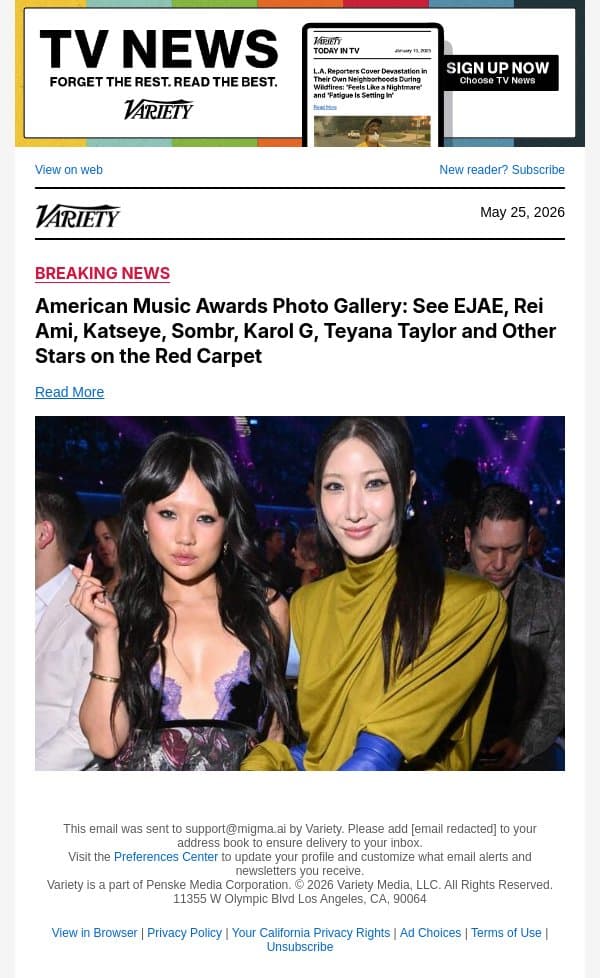 American Music Awards Photo Gallery: See EJAE, Rei Ami, Katseye, Sombr, Karol G, Teyana Taylor and Other Stars on the Red Carpet email from Variety screenshot