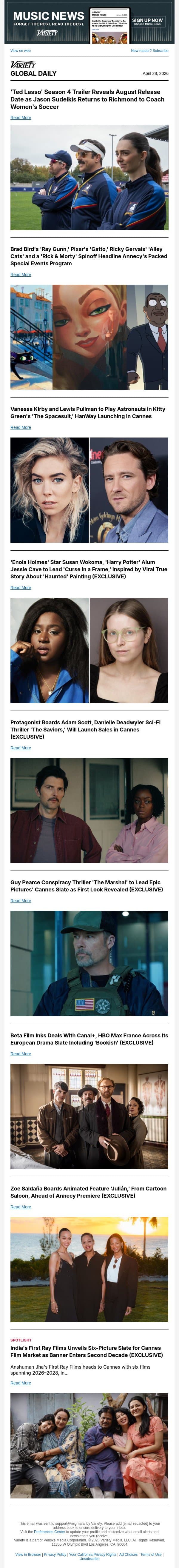 'Ted Lasso' Season 4 Release Date; Annecy Special Events Program; Vanessa Kirby, Lewis Pullman Team Up email from Variety screenshot