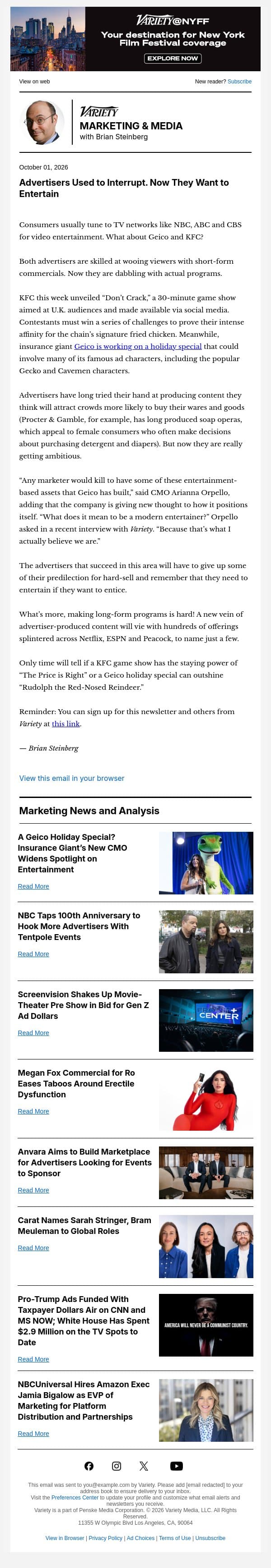 Marketing & Media Newsletter: Advertisers Want to Entertain; Geico's Holiday Special; Megan Fox's Spicy New Campaign; Screenvision Pre-Show Shake-Up; and More email from Variety screenshot