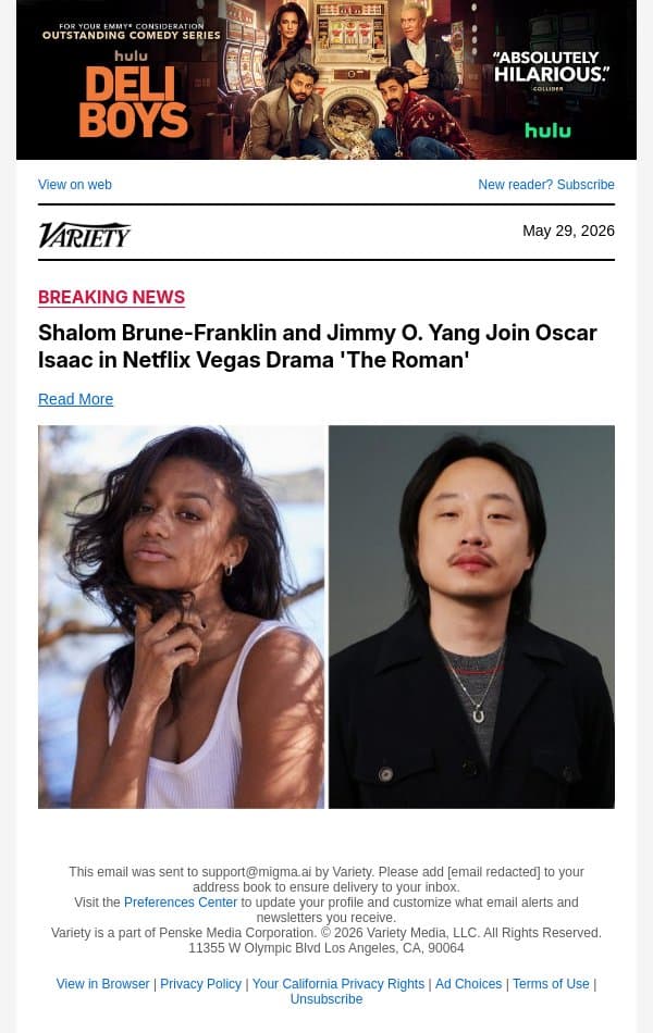 Shalom Brune-Franklin and Jimmy O. Yang Join Oscar Isaac in Netflix Vegas Drama 'The Roman' email from Variety screenshot