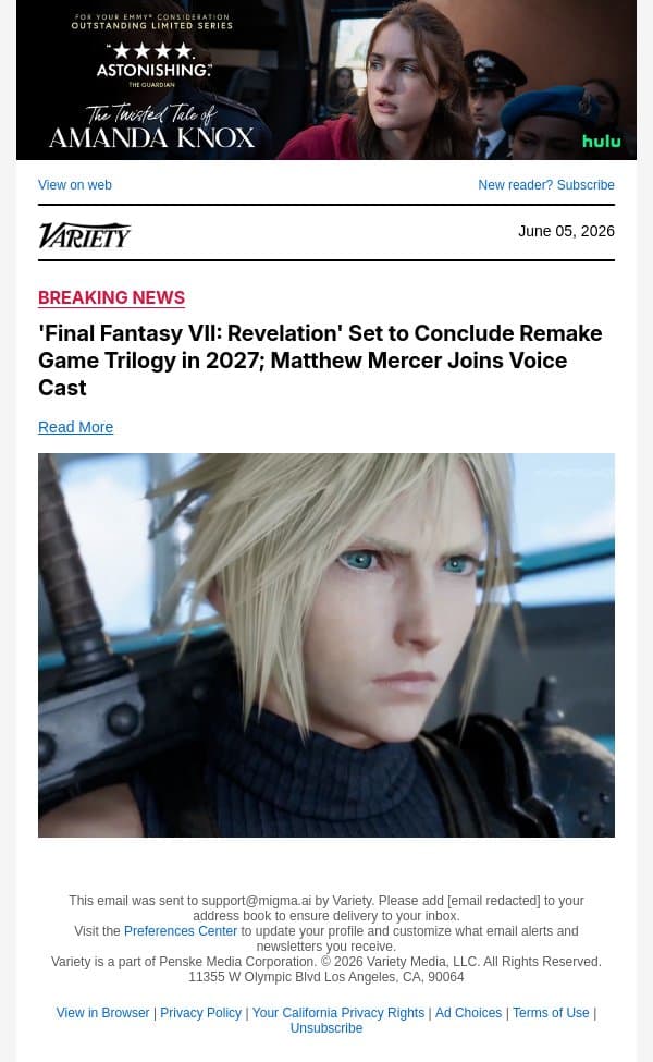 'Final Fantasy VII: Revelation' Set to Conclude Remake Game Trilogy in 2027; Matthew Mercer Joins Voice Cast email from Variety screenshot