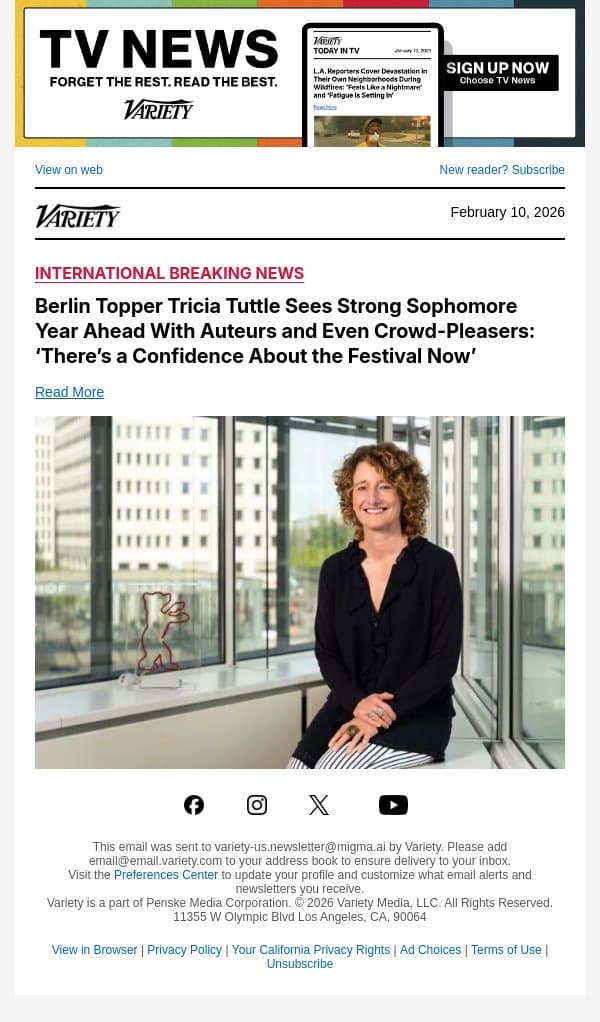 Berlin Topper Tricia Tuttle Sees Strong Sophomore Year Ahead With Auteurs and Even Crowd-Pleasers: ‘There’s a Confidence About the Festival Now’ email from Variety screenshot