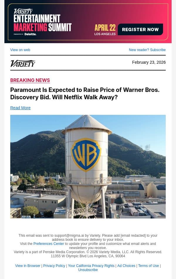 Paramount Is Expected to Raise Price of Warner Bros. Discovery Bid. Will Netflix Walk Away? email from Variety screenshot