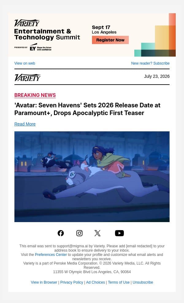 'Avatar: Seven Havens' Sets 2026 Release Date at Paramount+, Drops Apocalyptic First Teaser email from Variety screenshot