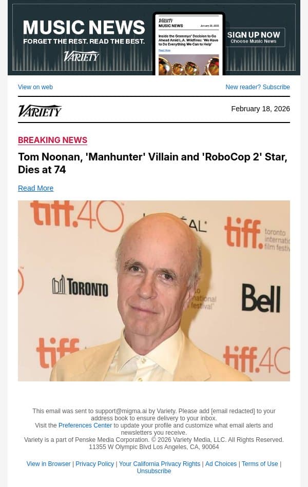 Tom Noonan, 'Manhunter' Villain and 'RoboCop 2' Star, Dies at 74 email from Variety screenshot
