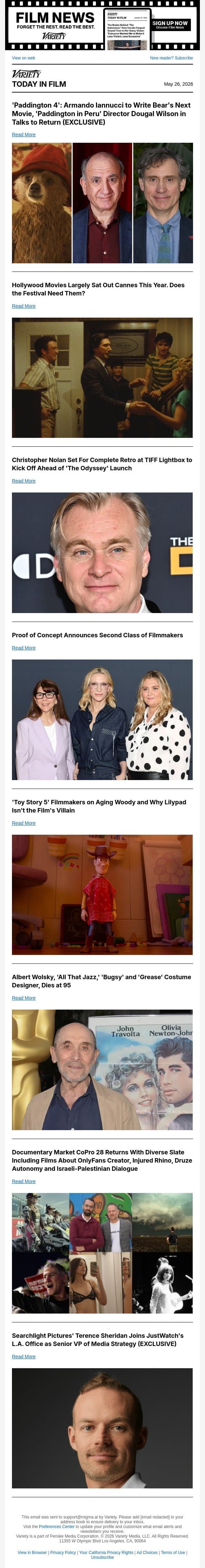 'Paddington 4' Lands Writer; Does Cannes Need Hollywood?; Christopher Nolan Retrospective email from Variety screenshot