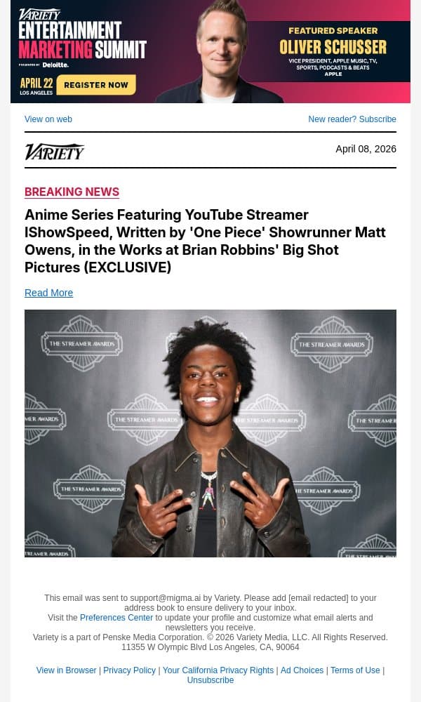 Anime Series Featuring YouTube Streamer IShowSpeed, Written by 'One Piece' Showrunner Matt Owens, in the Works at Brian Robbins' Big Shot Pictures (EXCLUSIVE) email from Variety screenshot