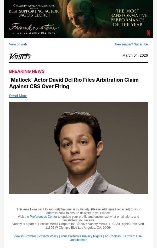 'Matlock' Actor David Del Rio Files Arbitration Claim Against CBS Over Firing email from Variety screenshot