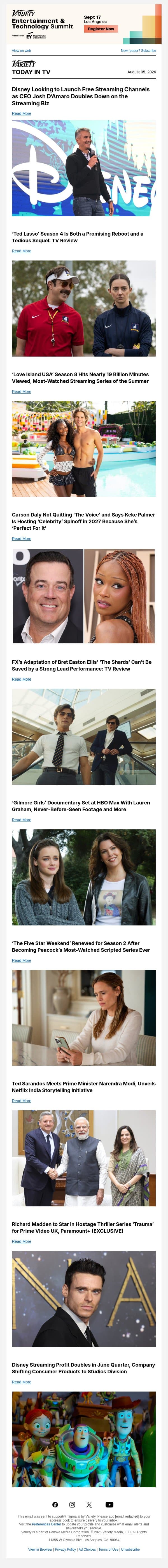 Disney Considers Free Streaming; ‘Ted Lasso’ Review; ‘Love Island USA’ Ratings email from Variety screenshot