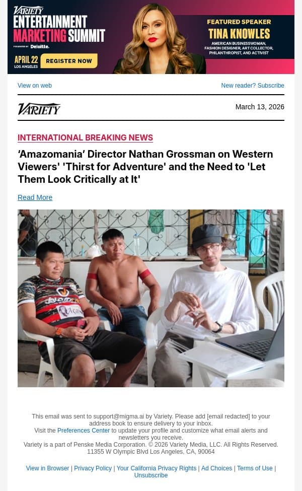 ‘Amazomania’ Director Nathan Grossman on Western Viewers' 'Thirst for Adventure' and the Need to 'Let Them Look Critically at It' email from Variety screenshot