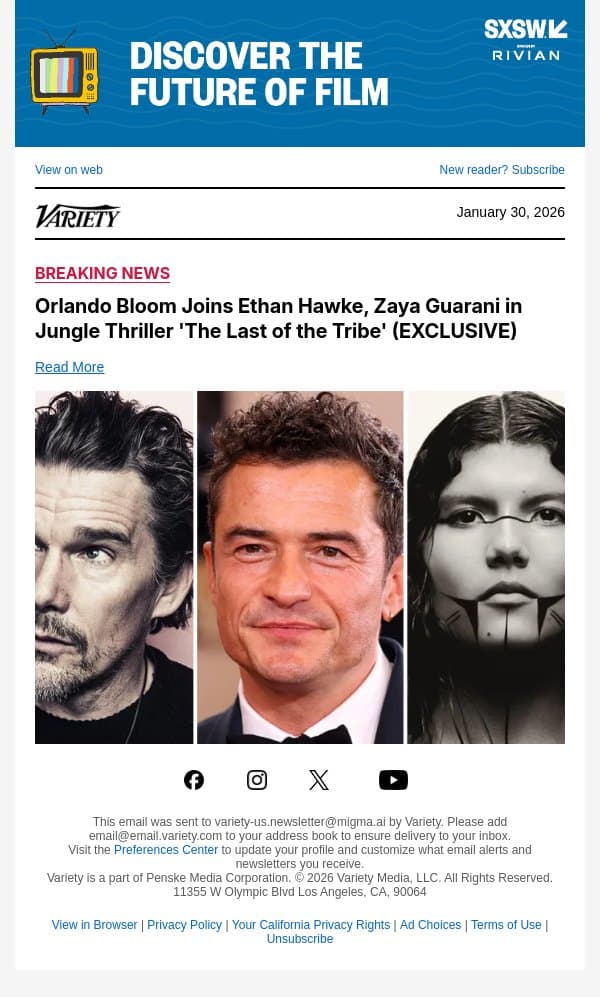 Orlando Bloom Joins Ethan Hawke, Zaya Guarani in Jungle Thriller 'The Last of the Tribe' (EXCLUSIVE) email from Variety screenshot
