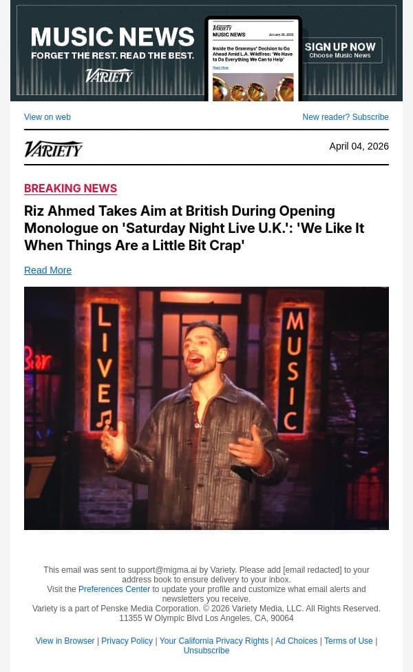 Riz Ahmed Takes Aim at British During Opening Monologue on 'Saturday Night Live U.K.': 'We Like It When Things Are a Little Bit Crap' email from Variety screenshot