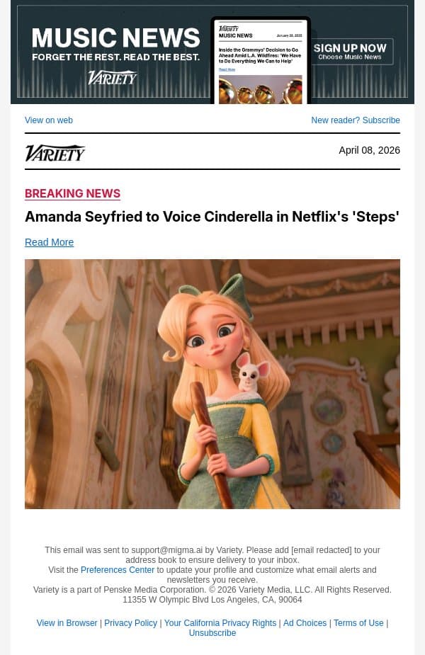 Amanda Seyfried to Voice Cinderella in Netflix's 'Steps' email from Variety screenshot