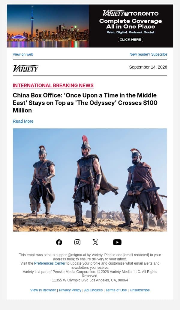 China Box Office: 'Once Upon a Time in the Middle East' Stays on Top as 'The Odyssey' Crosses $100 Million email from Variety screenshot