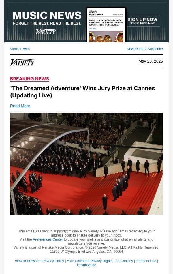 'The Dreamed Adventure' Wins Jury Prize at Cannes (Updating Live) email from Variety screenshot