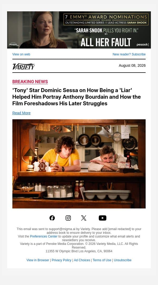 'Tony' Star Dominic Sessa on How Being a 'Liar' Helped Him Portray Anthony Bourdain and How the Film Foreshadows His Later Struggles email from Variety screenshot