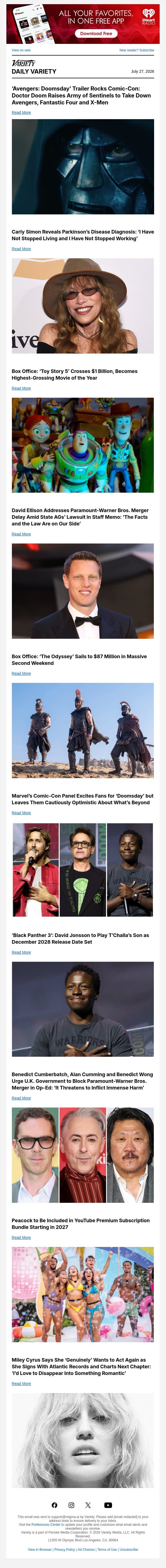 'Avengers: Doomsday' Rocks Comic-Con; 'Toy Story 5' Crosses $1 Billion; Carly Simon Reveals Parkinson's Diagnosis email from Variety screenshot