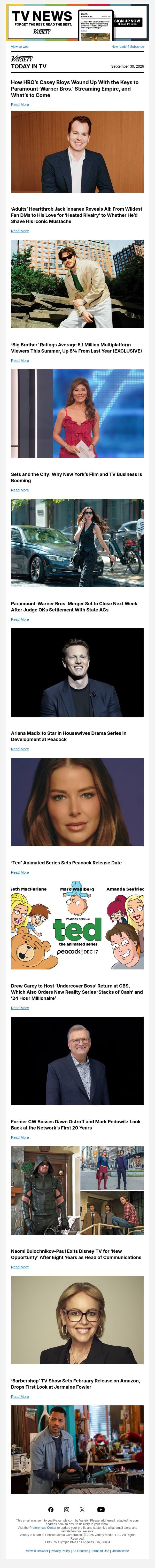 What's to Come for HBO's Casey Bloys; 'Adults' Star Jack Innanen Reveals All; 'Big Brother' Ratings email from Variety screenshot