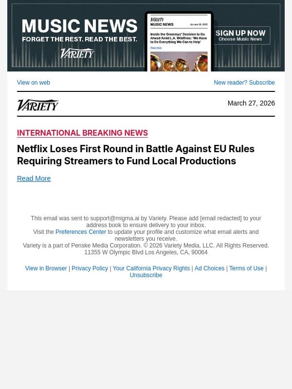 Netflix Loses First Round in Battle Against EU Rules Requiring Streamers to Fund Local Productions email from Variety screenshot