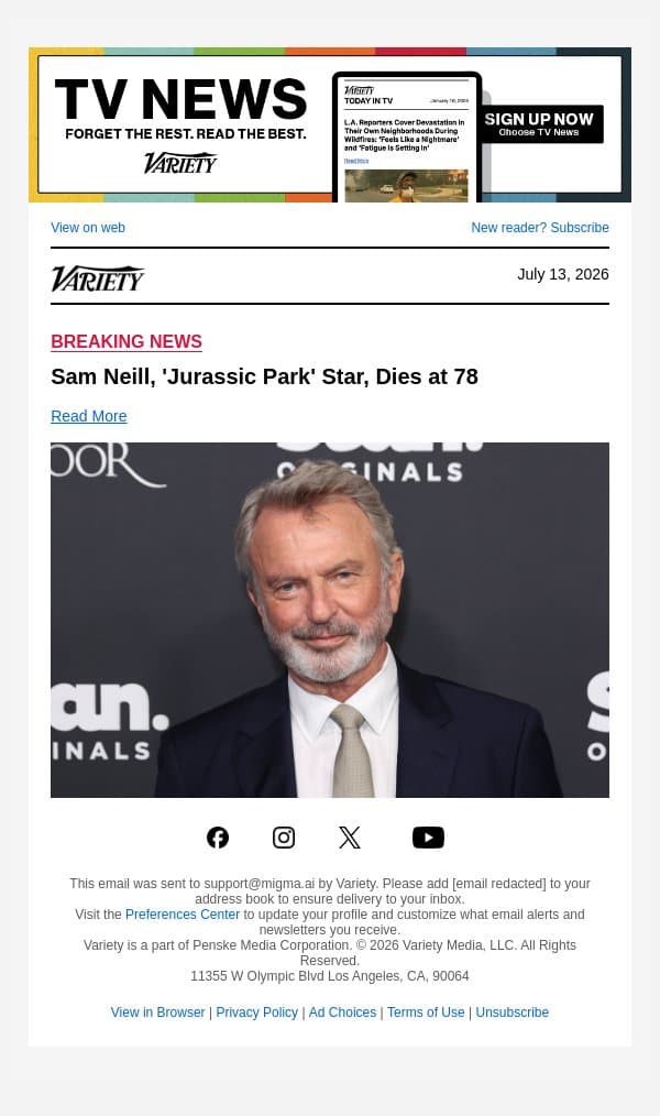 Sam Neill, 'Jurassic Park' Star, Dies at 78 email from Variety screenshot